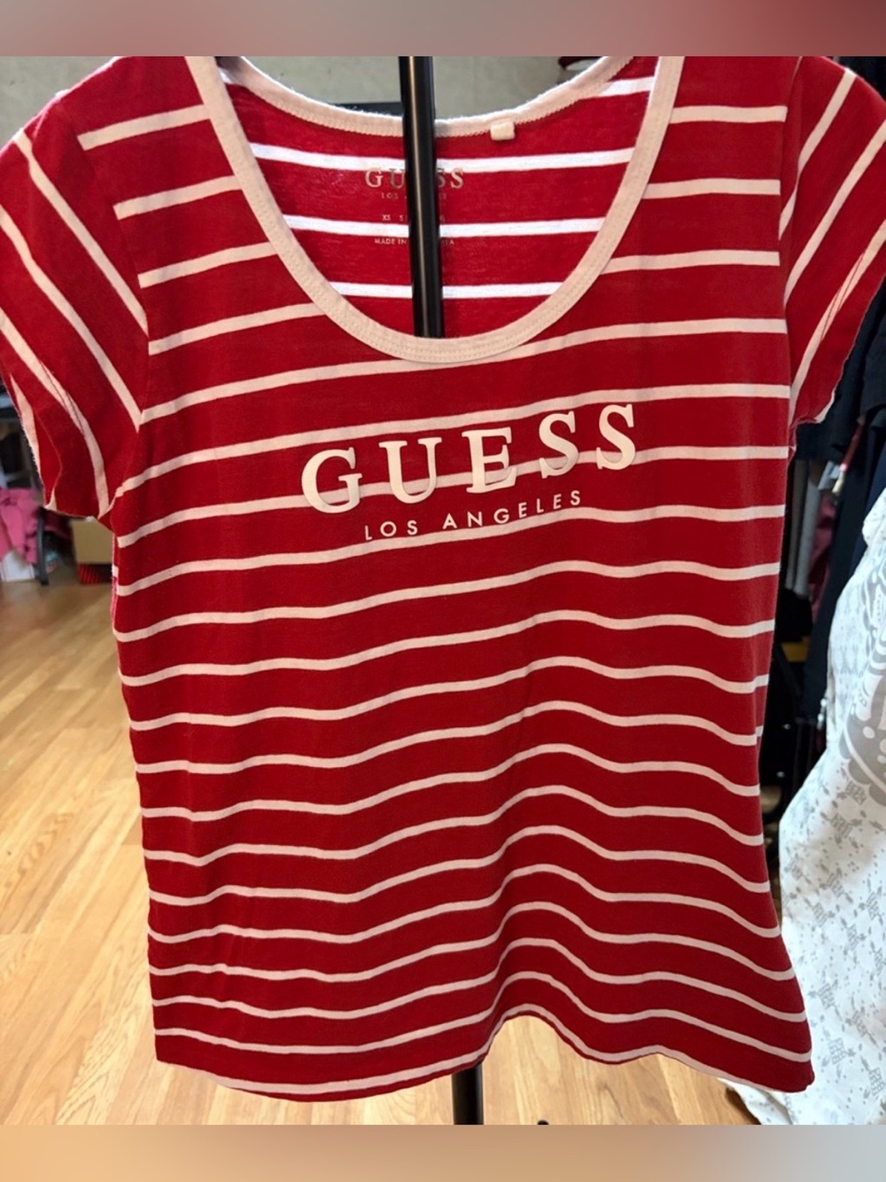 Guess Red and White Striped Logo Tee | Large